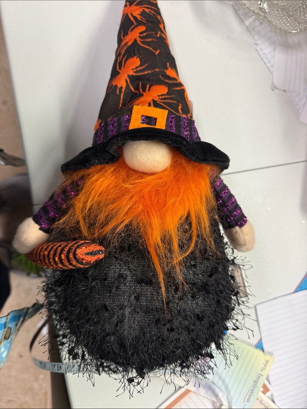 Halloween Witch Gnome Plush with Orange Beard and Black Outfit